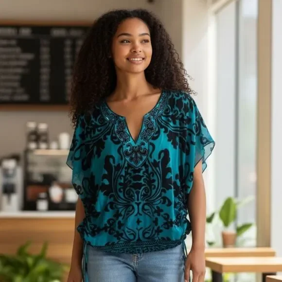 Hale Bob Blue Dolman Sleeve Graphic Blouse - Picture 1 of 8